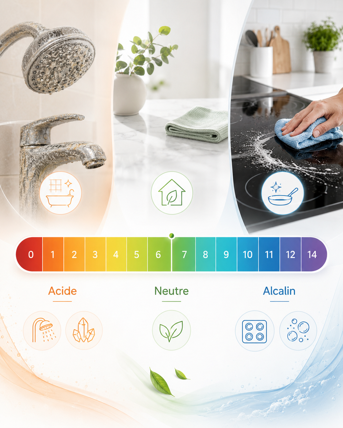 Illustration de l’échelle de pH avec les zones acide, neutre et alcaline pour choisir un produit d’entretien