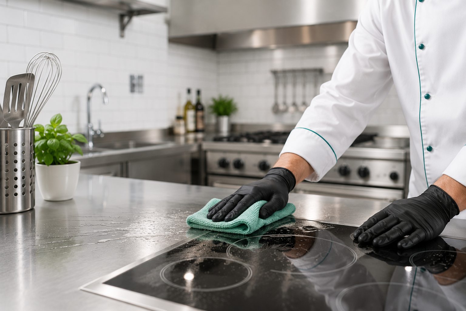 Nettoyage d’un plan de travail en inox dans une cuisine professionnelle